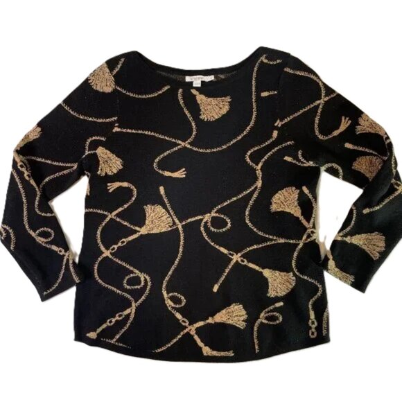Chico's Black Gold Metallic Rope Design Sweater Bateau Neck Long Sleeves Size M - Picture 8 of 11